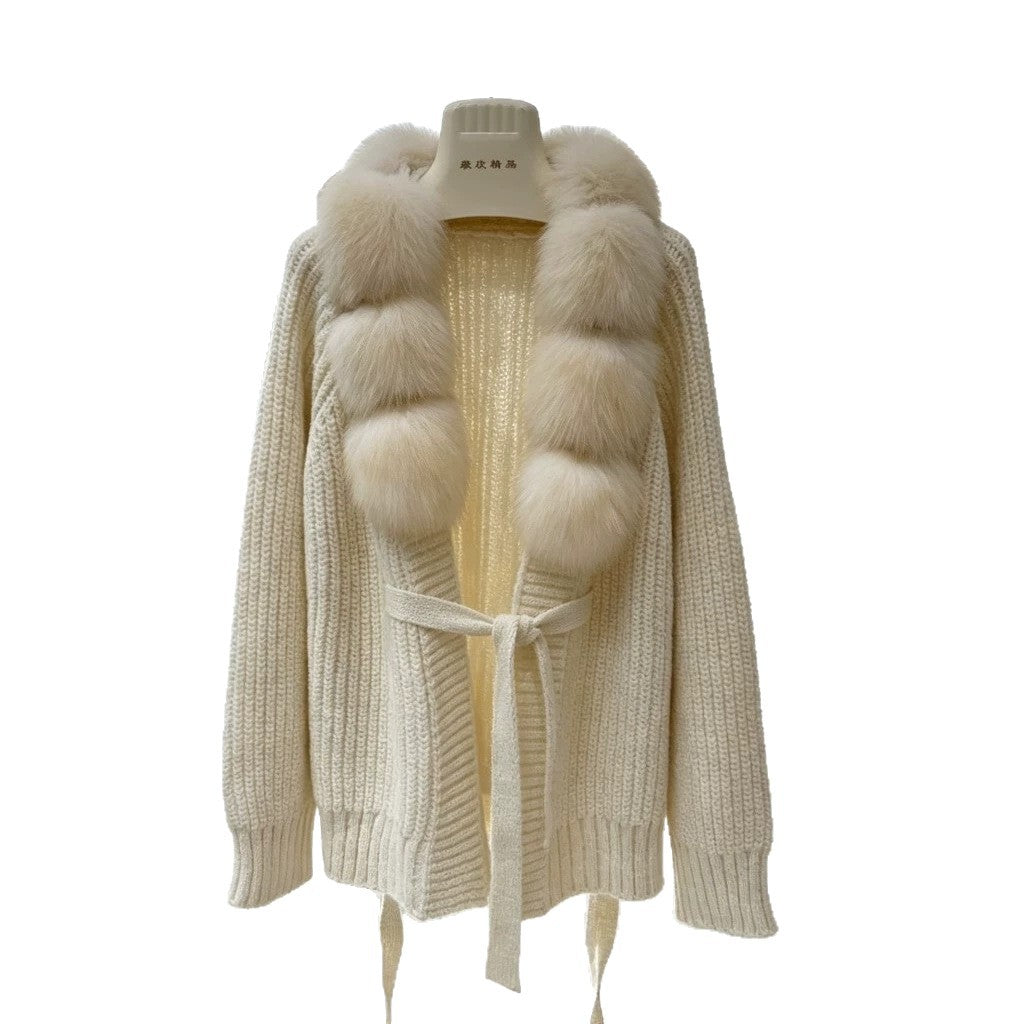 Women's Detachable Fox Fur Collar Knitted Fur Coat