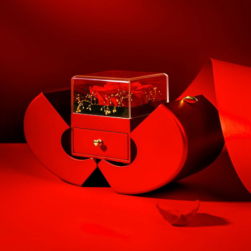 Red apple keepsake box opening to reveal the rose compartment