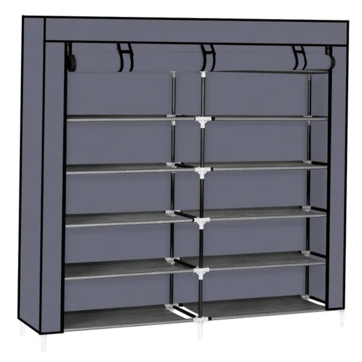 Shoe rack with cover unzipped showing shoe tiers