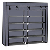 Shoe rack with cover unzipped showing shoe tiers
