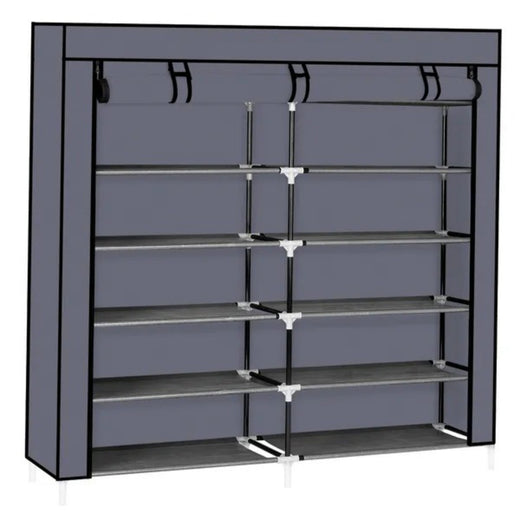 Shoe rack with cover unzipped showing shoe tiers