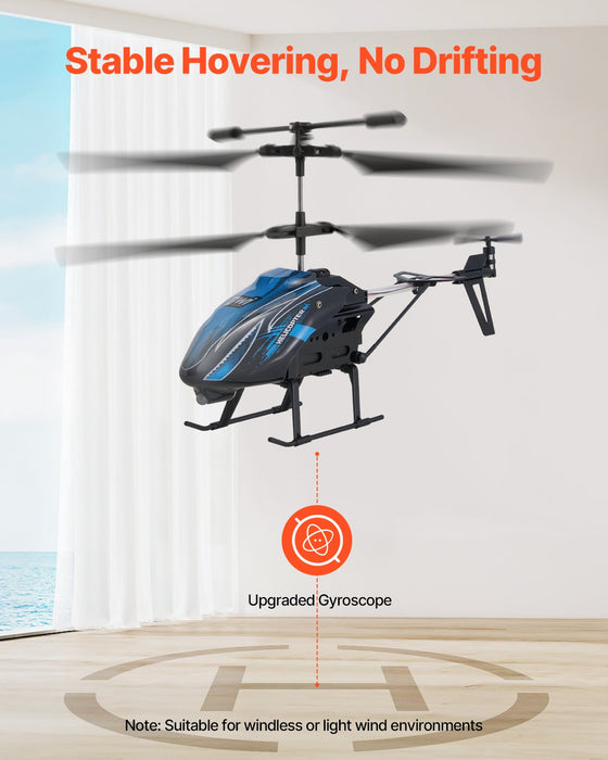 RC helicopter hovering steadily over a landing pad, upgraded gyroscope