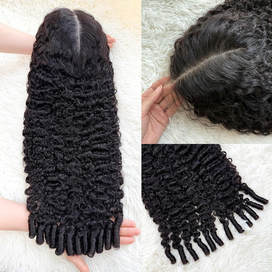 Curly black wig with a lace parting shown flat and on a woman