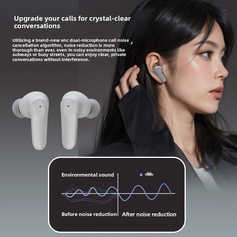 Woman with an earbud and a noise reduction waveform diagram