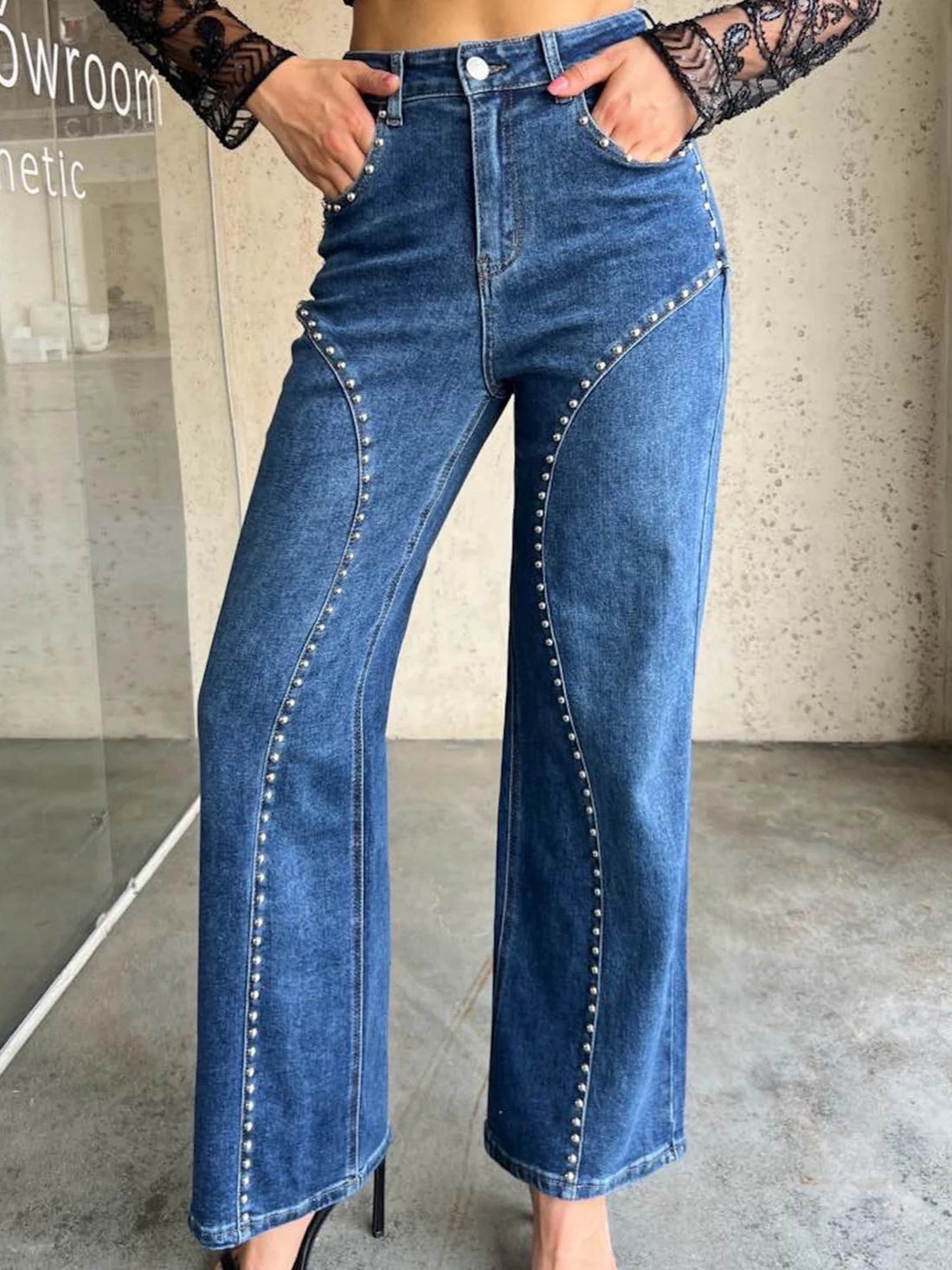 Beaded Straight-Leg Denim Pants