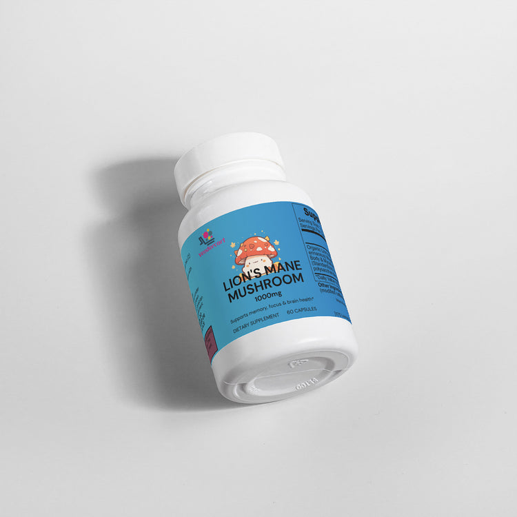Lions mane mushroom supplement bottle side view