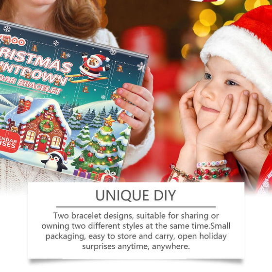 Smiling girl in a Santa hat holding the Christmas bracelet advent calendar