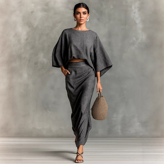 Womens High Waist Long Skirt Set with Loose Top