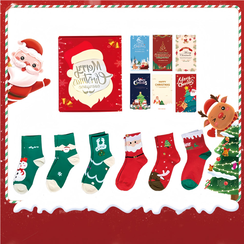 Six pairs of Christmas socks with Santa, snowman and tree designs and six greeting cards