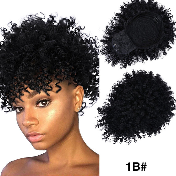 Short kinky curly wig in 1B off-black, front and back view