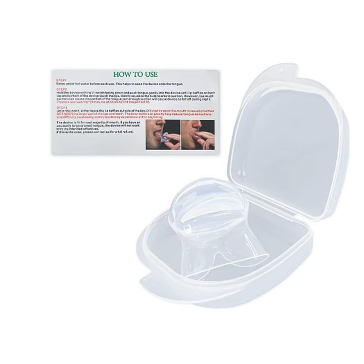 Anti-snoring tongue retainer detail showing soft silicone shape