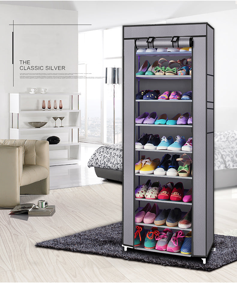 Shoe rack with dust cover unzipped showing shoes