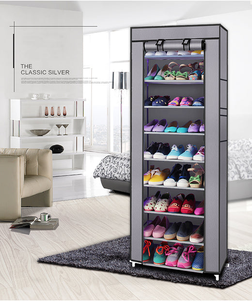 Shoe rack with dust cover unzipped showing shoes