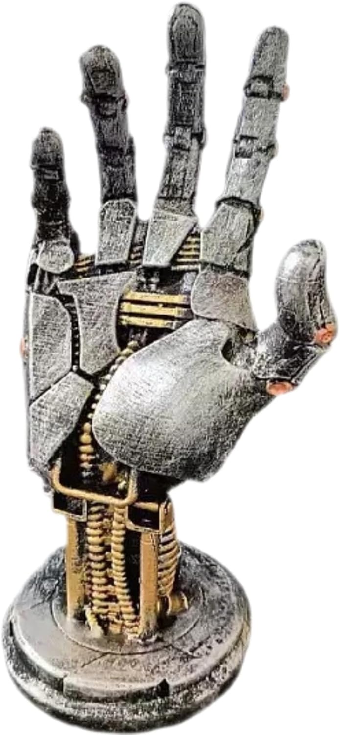 Mechanical hand sculpture doubling as a controller and headphone stand on a desk