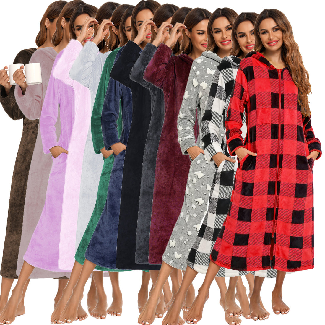 Flannel Pajamas New Long-Sleeved Zipper Nightgown Home Clothes
