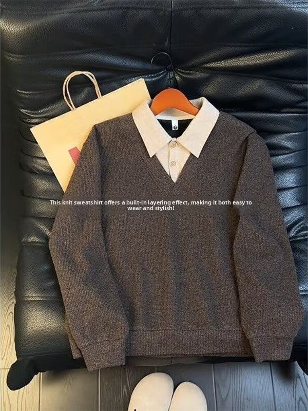 Men's Faux Two-Piece V-Neck Knit Sweater Breathable Anti-Static Long Sleeve Pullover