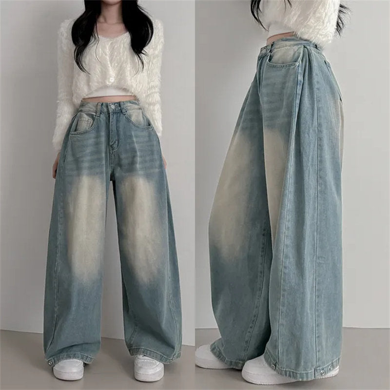 Vintage Washed Wide Leg Jeans with Ankle Button Detail