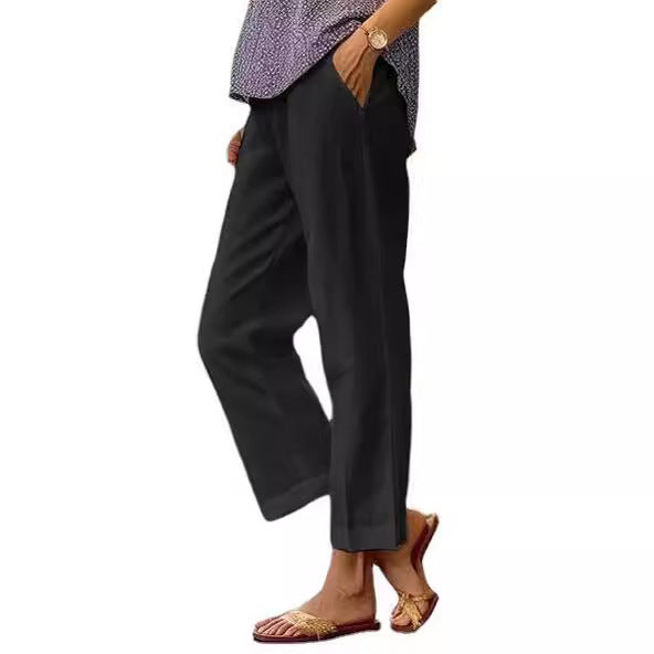 Elastic-waist straight-leg casual pants with pockets
