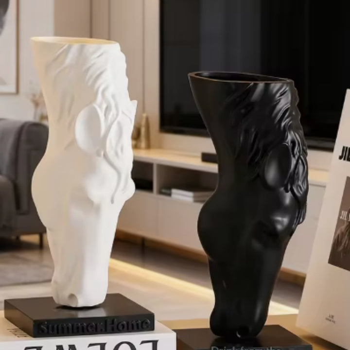 Nordic horse head sculpture on a bookshelf
