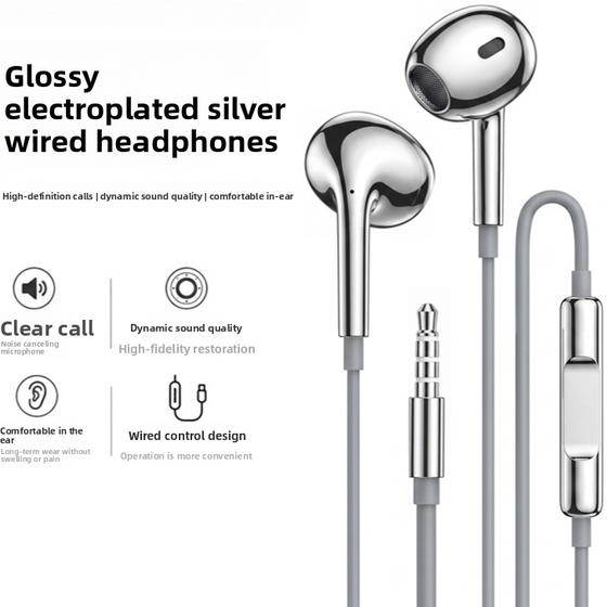 Glossy silver wired earphones, photo 5