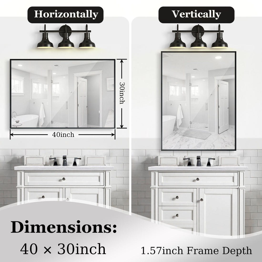 40x30 Inch Glossy Black Bathroom Wall Vanity Mirror