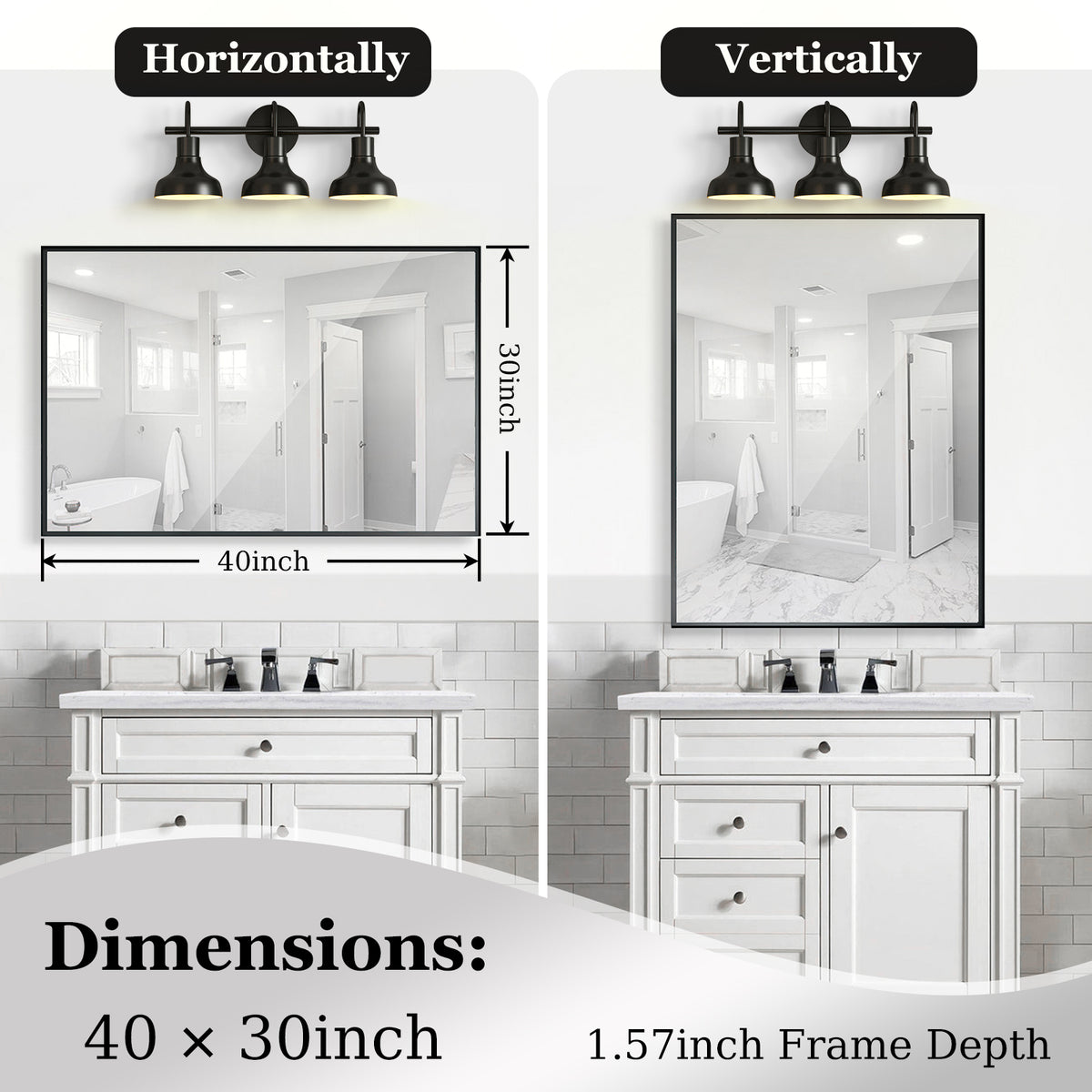 40x30 Inch Glossy Black Bathroom Wall Vanity Mirror