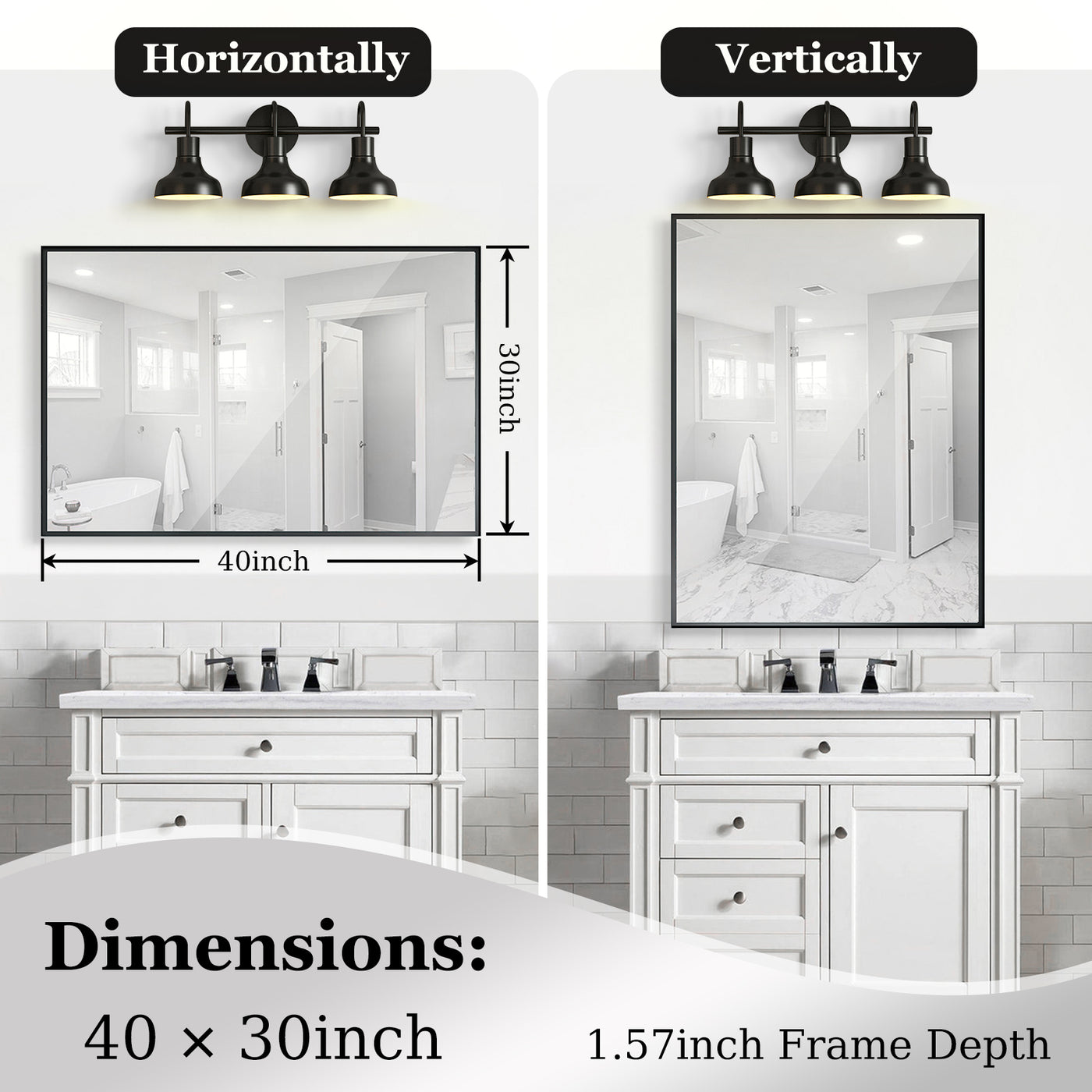 40x30 Inch Glossy Black Bathroom Wall Vanity Mirror