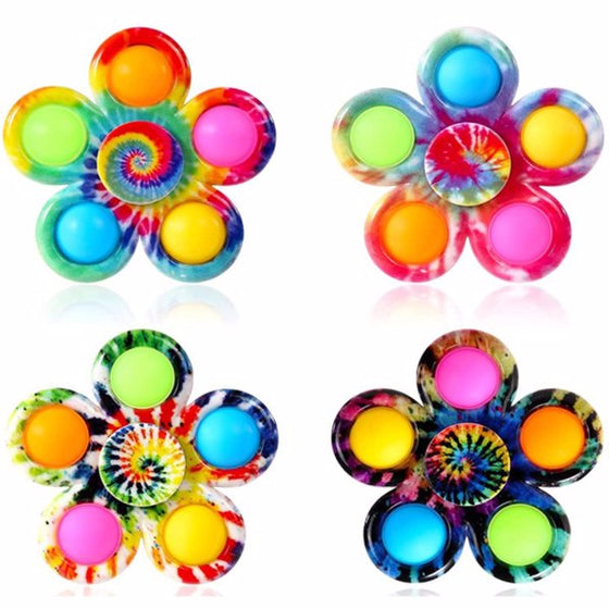 Four five-leaf pop fidget spinners in rainbow tie-dye colors with push bubbles