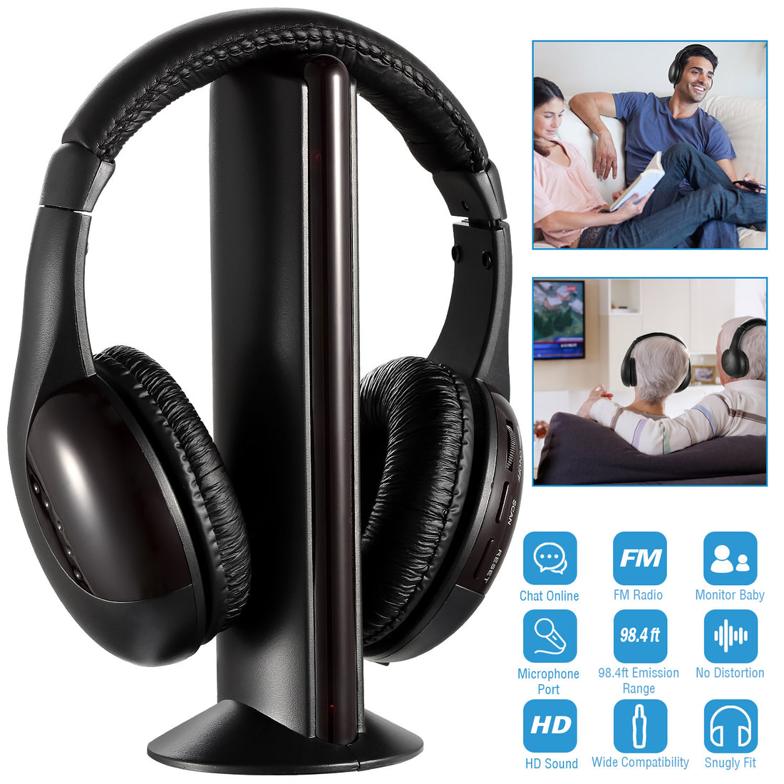 Black wireless RF headphones on the transmitter stand with feature icons