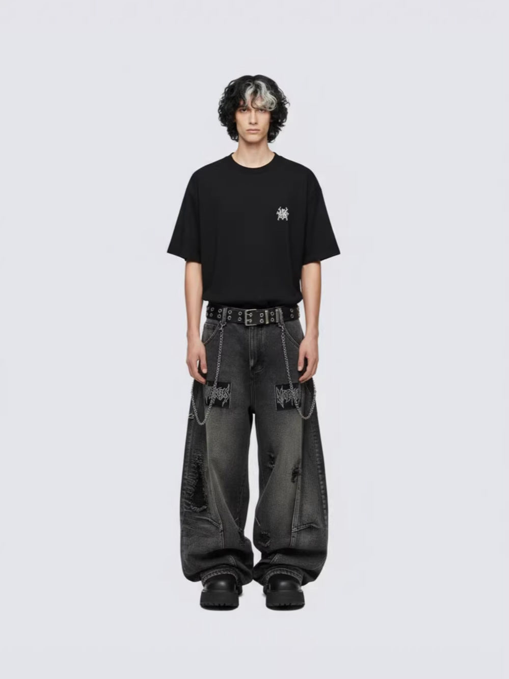 Punk-Style Distressed Ripped Denim Wide-Leg Pants