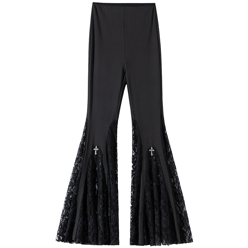 Women High-Waist Lace Stitching Fishtail Flared Trousers