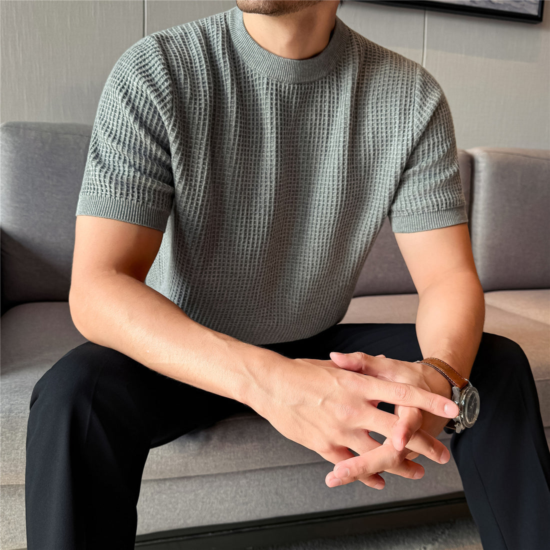 Men's Thick Waffle Knit Cotton Round Neck Sweater