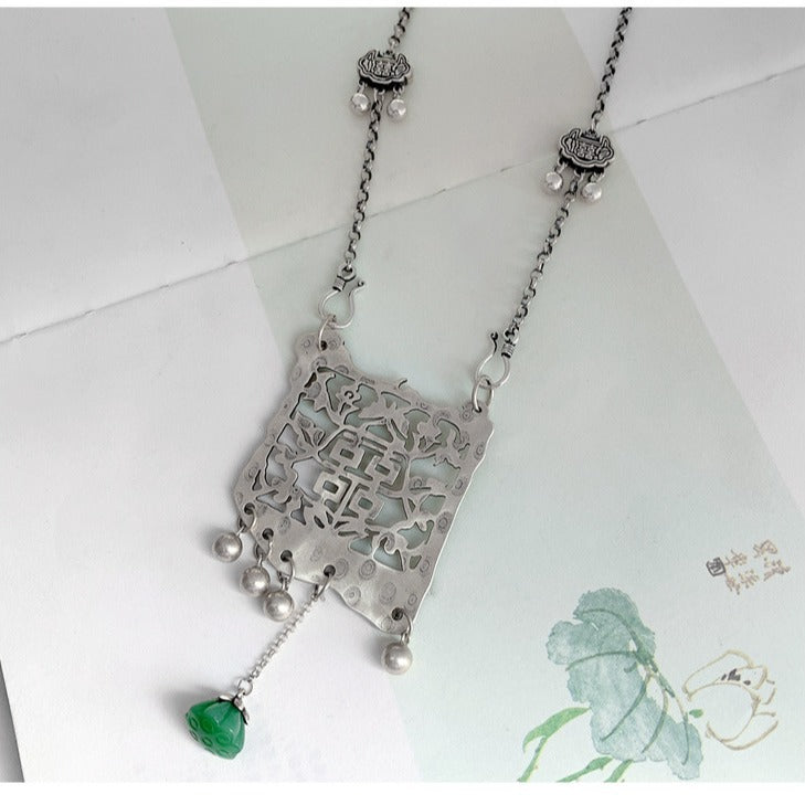 925 Silver Plated Double Happiness Pendant Tassel Long Sweater Chain