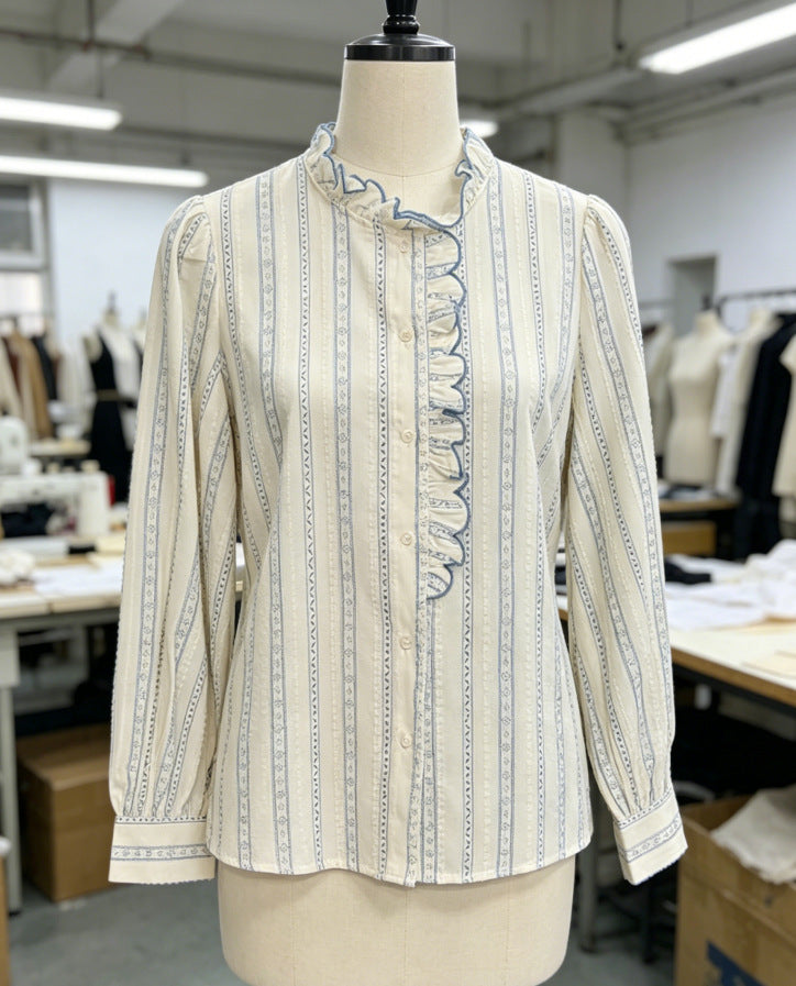 Women's 100% Cotton Ruffled Stand Collar Striped Long Sleeve Blouse