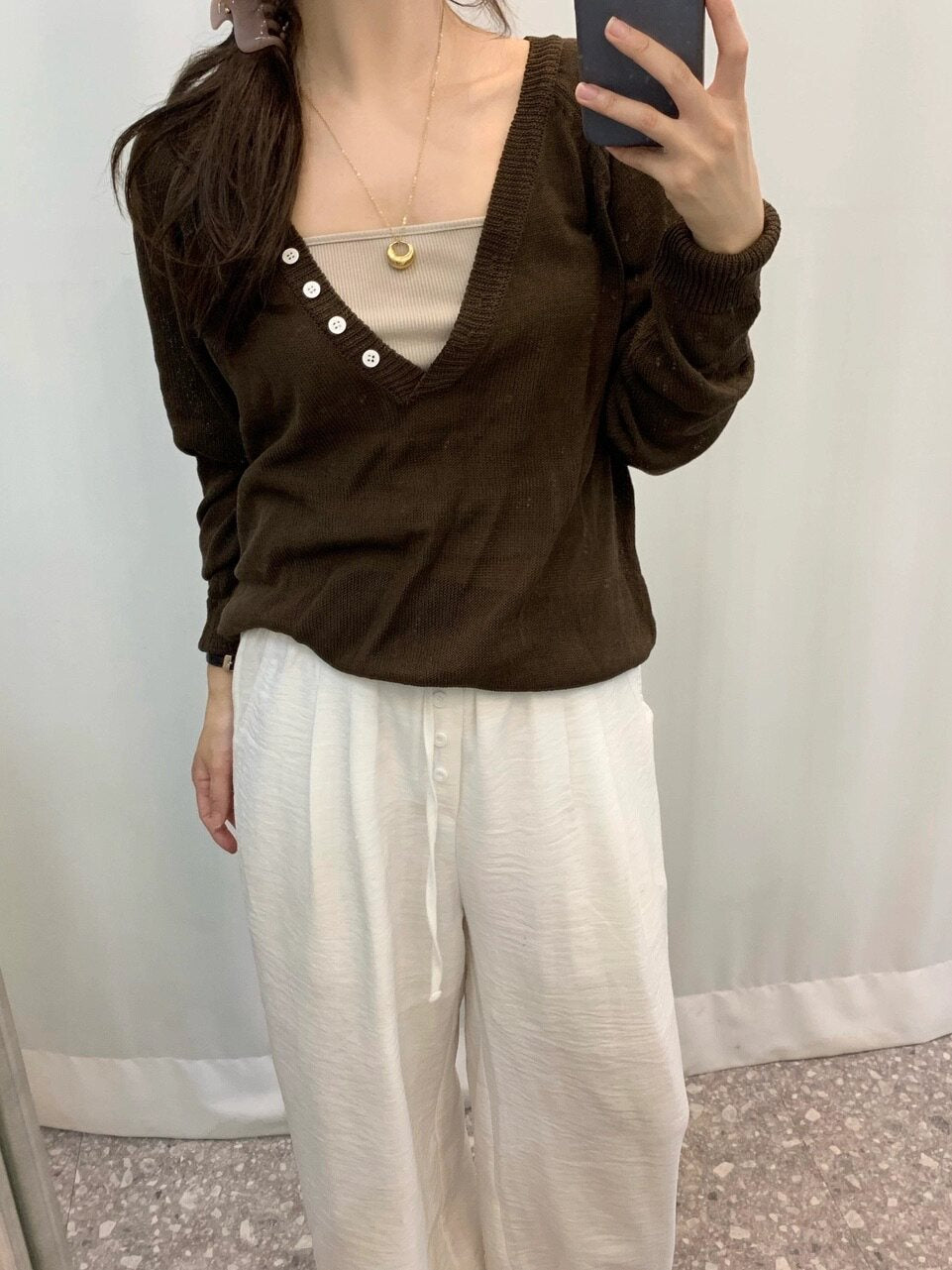 Women Autumn V-Neck Button Long-Sleeve Knit Top