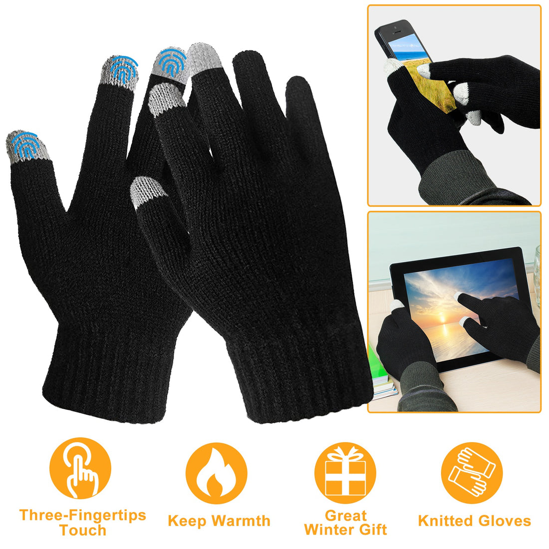 Black knit touchscreen gloves with insets of phone and tablet use
