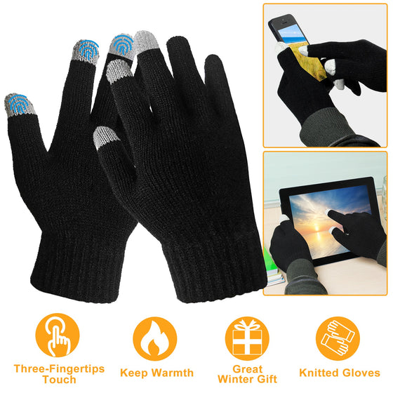 Black knit touchscreen gloves with insets of phone and tablet use