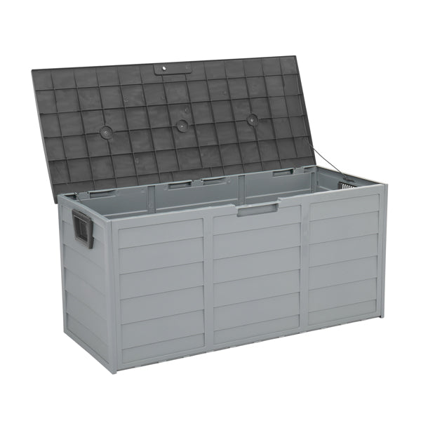 Outdoor storage box shown beside patio furniture