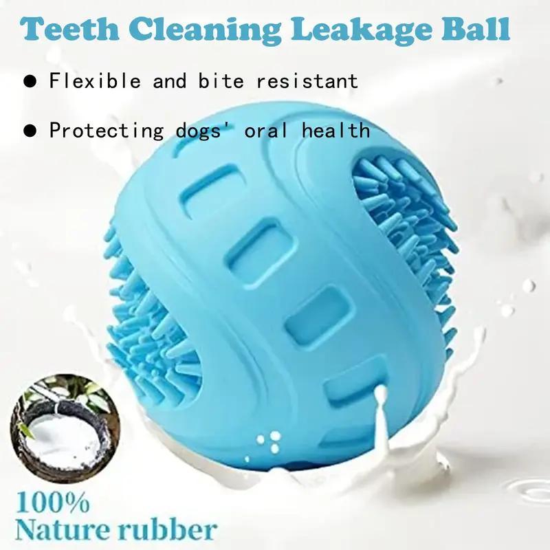 Blue rubber treat ball with bite-resistant feature text