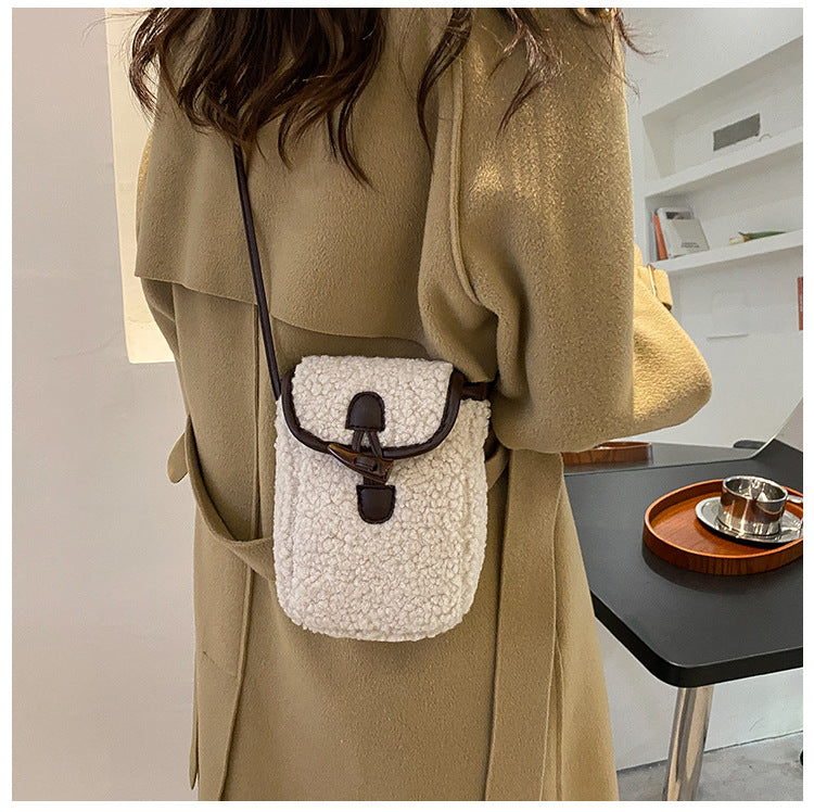 Women's Plush Lamb Wool Crossbody Bag Simple Trendy Phone Purse