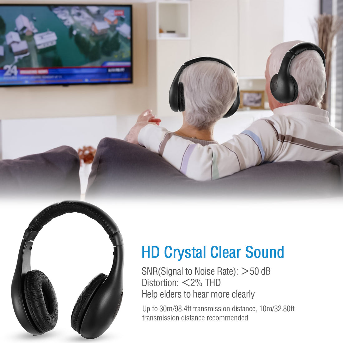 Older couple watching TV with wireless headphones