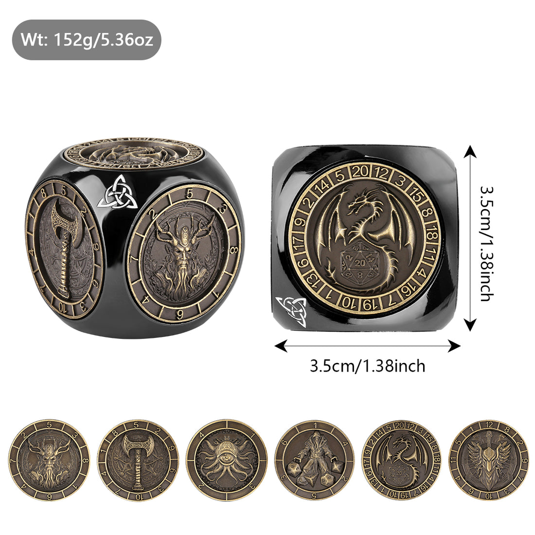 Black spinning dice wheel cube, 3.5 cm and 152 g, with face disc designs