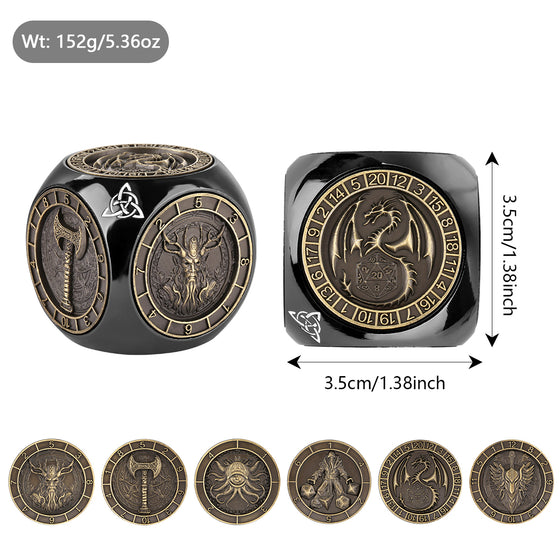Black spinning dice wheel cube, 3.5 cm and 152 g, with face disc designs