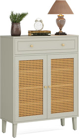 Mint green buffet cabinet with doors open showing interior storage