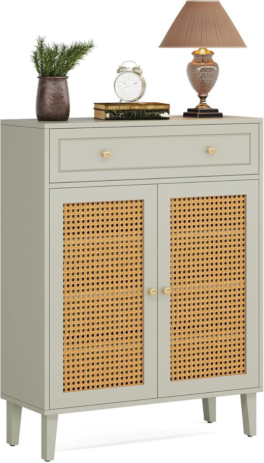 Mint green buffet cabinet with doors open showing interior storage