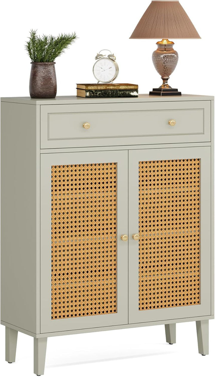 Mint green buffet cabinet with doors open showing interior storage