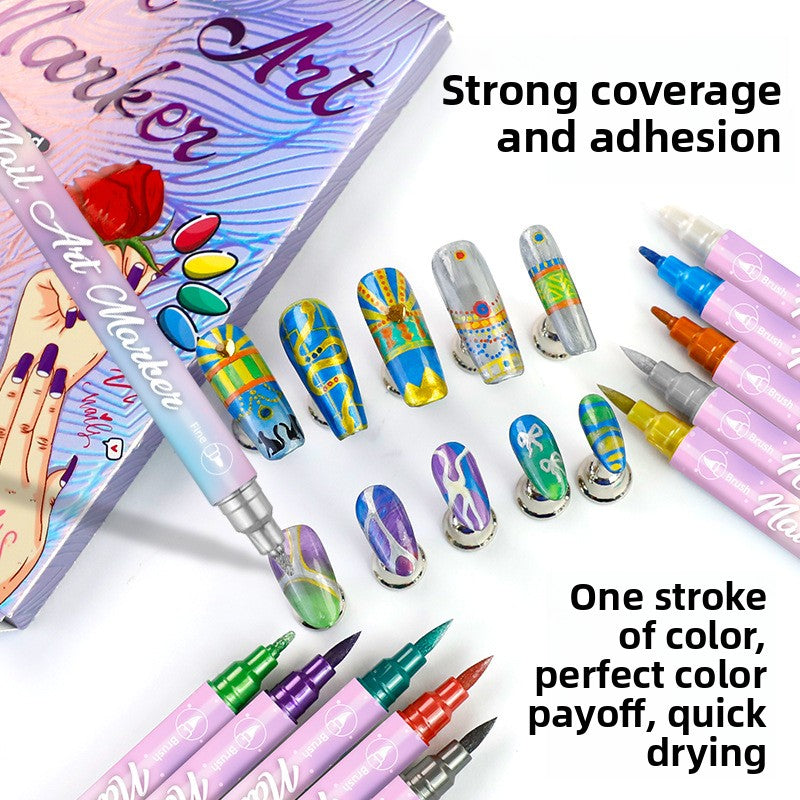 12-Color Dual-Ended Metallic Nail Art Pen Set for Drawing and Smudging