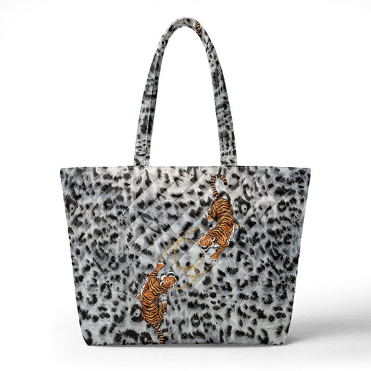 Embroidered Quilted Tiger Print Tote Bag