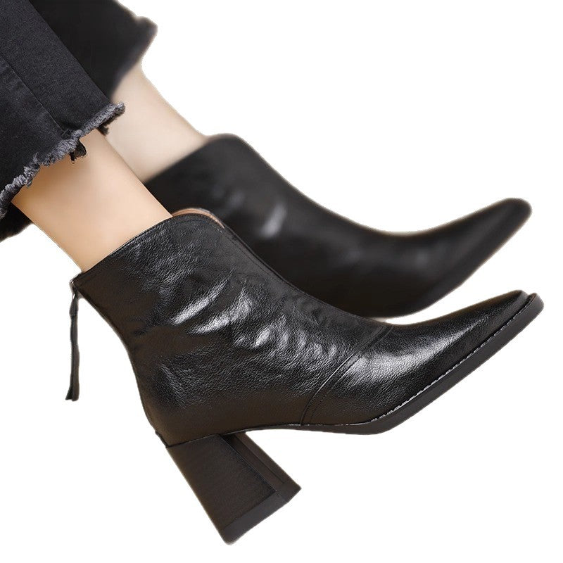 Women Retro Square Toe Chunky Heel Ankle Boots