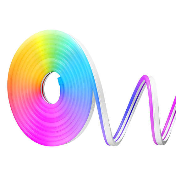 Coiled rainbow RGB LED neon rope light on a white background